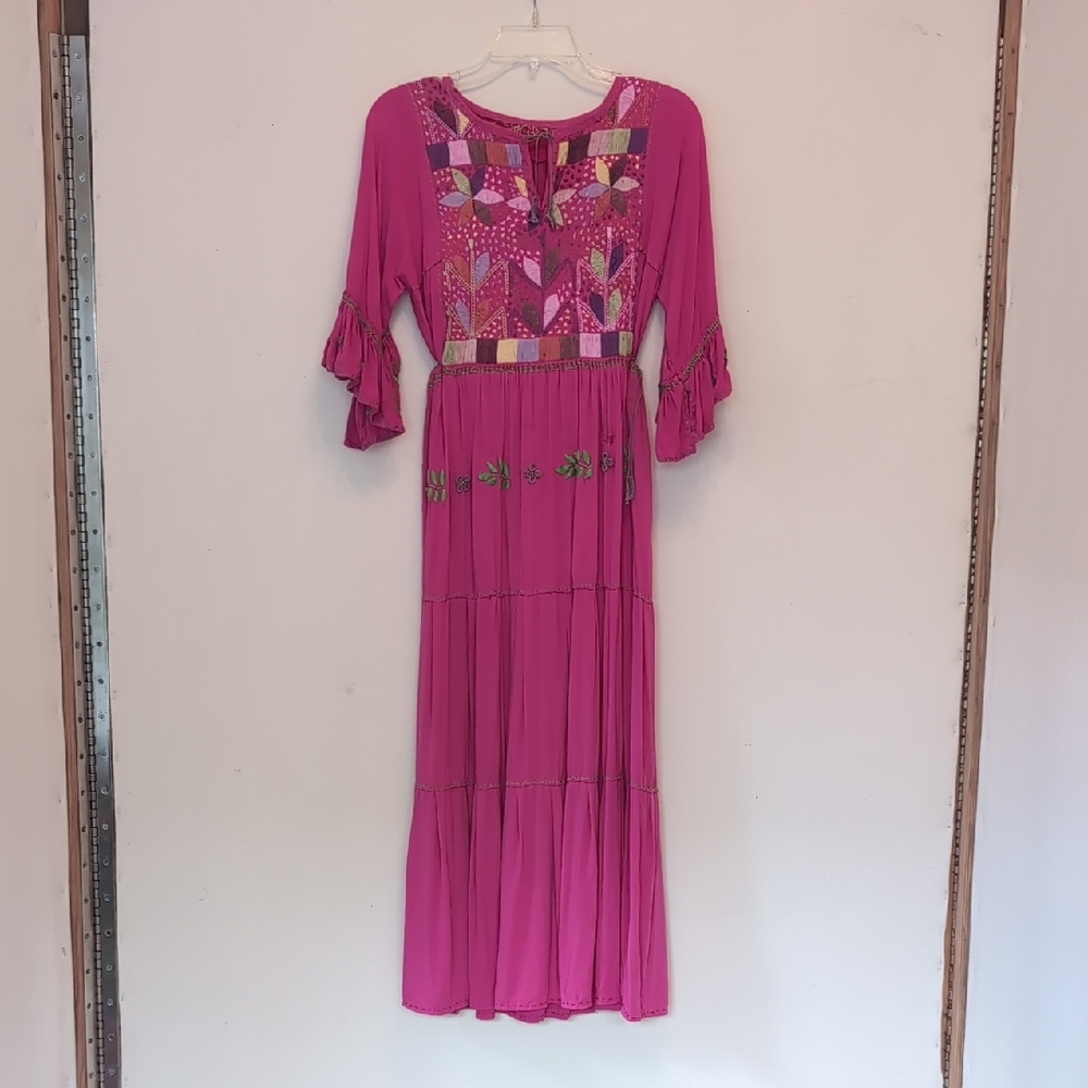 Embroidered Boho Pink Maxi Dress